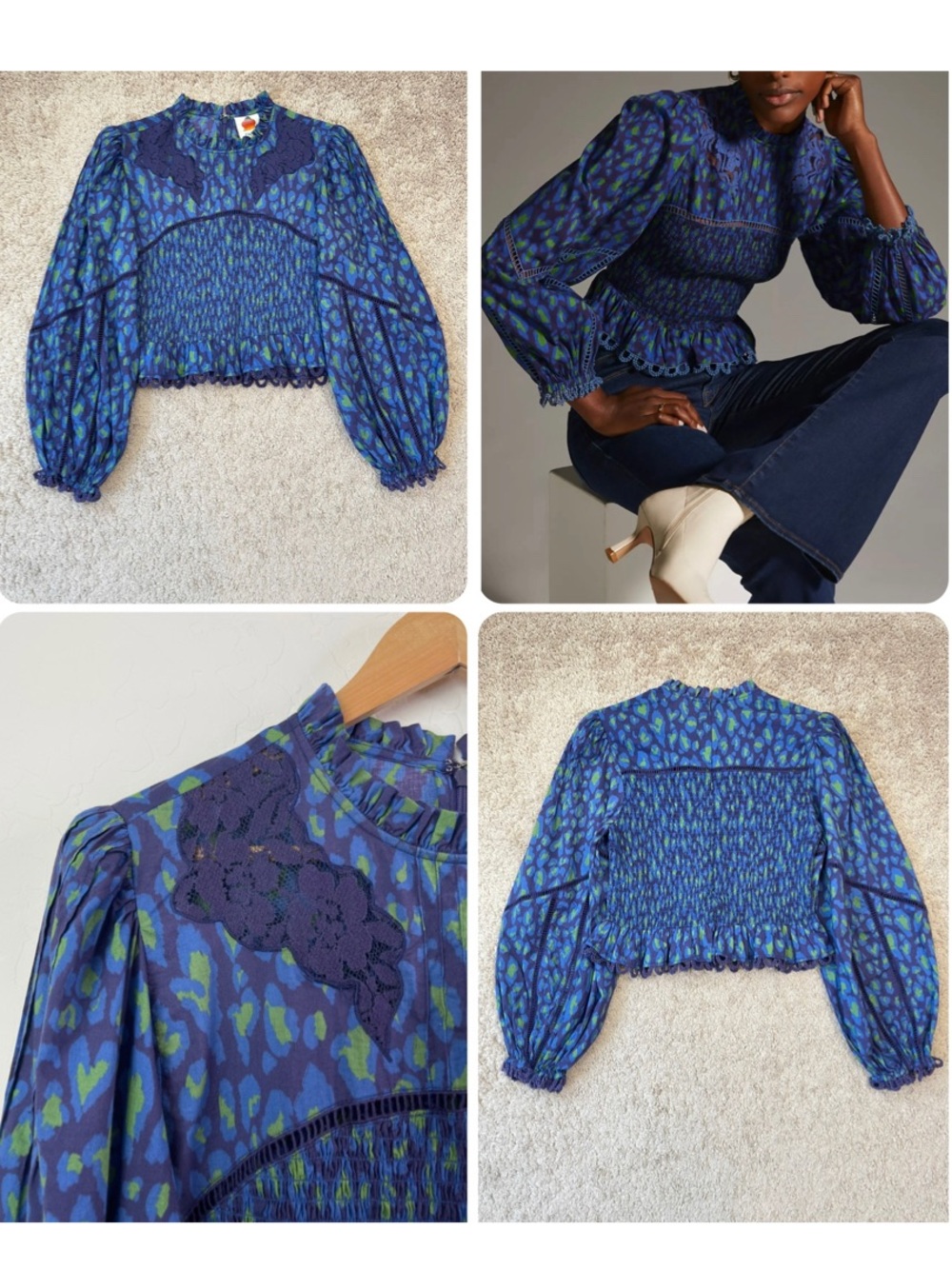 Farm Rio Leopard Pop Smocked Peplum Blouse Long Puff Sleeve Boho Top Size Medium - Picture 9 of 16